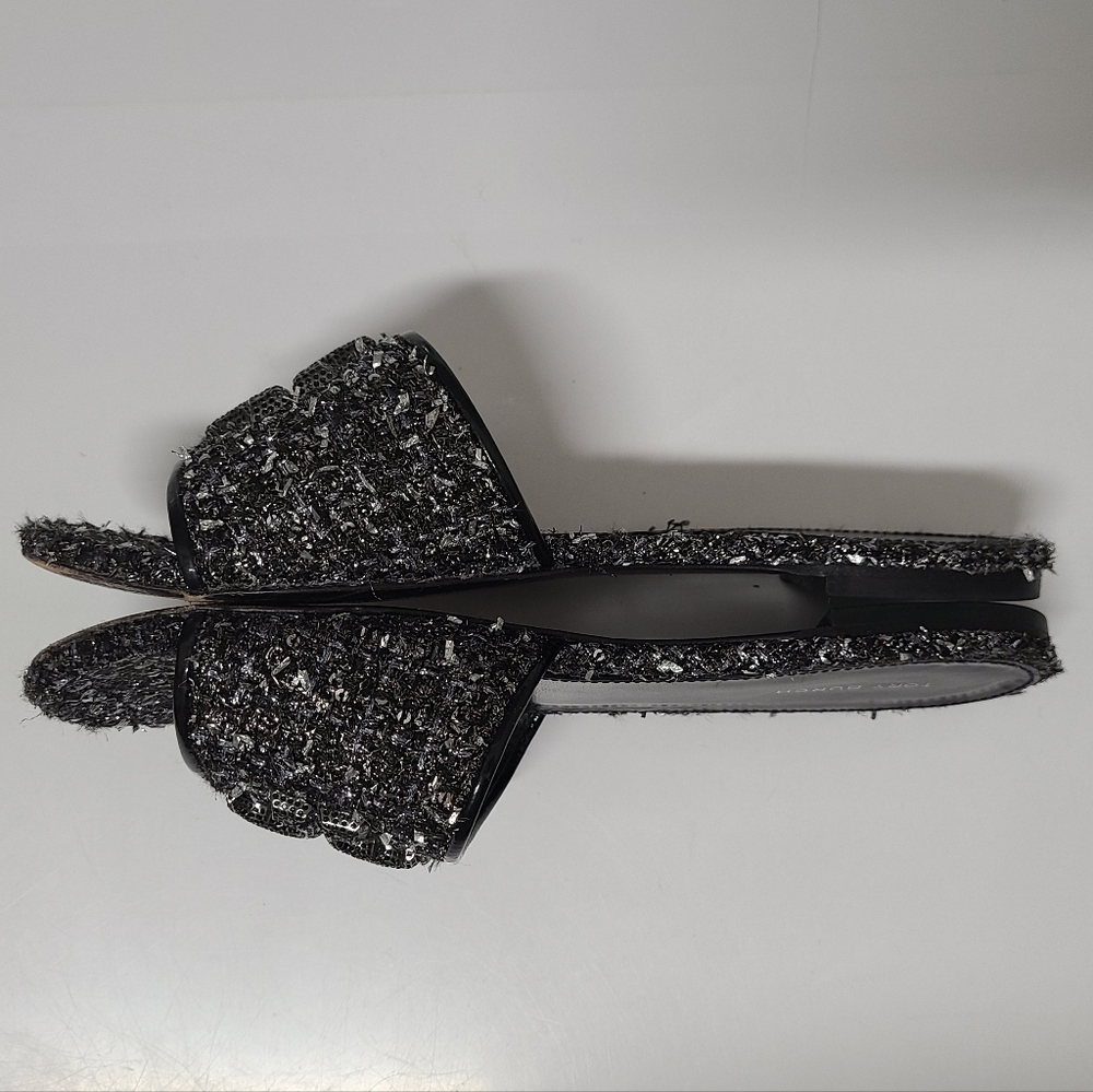 Tory Burch Eleanor Slide Sandals Pavé Logo Silver Confetti/Perfect Black Sz 8 - Picture 11 of 14